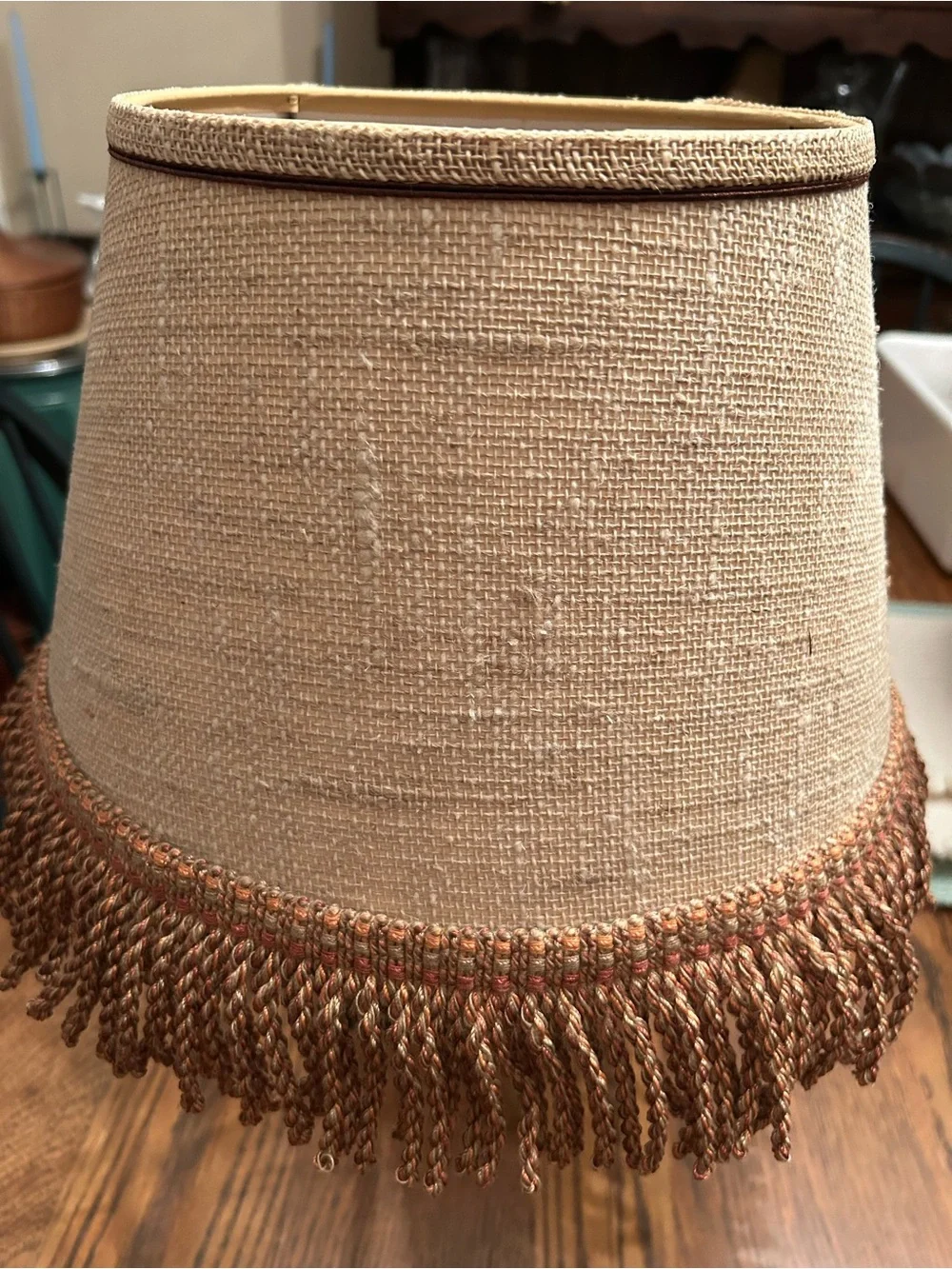 Neutral Beige Fringe Lamp Shade. Ready to use w/your lamp use installed hardware